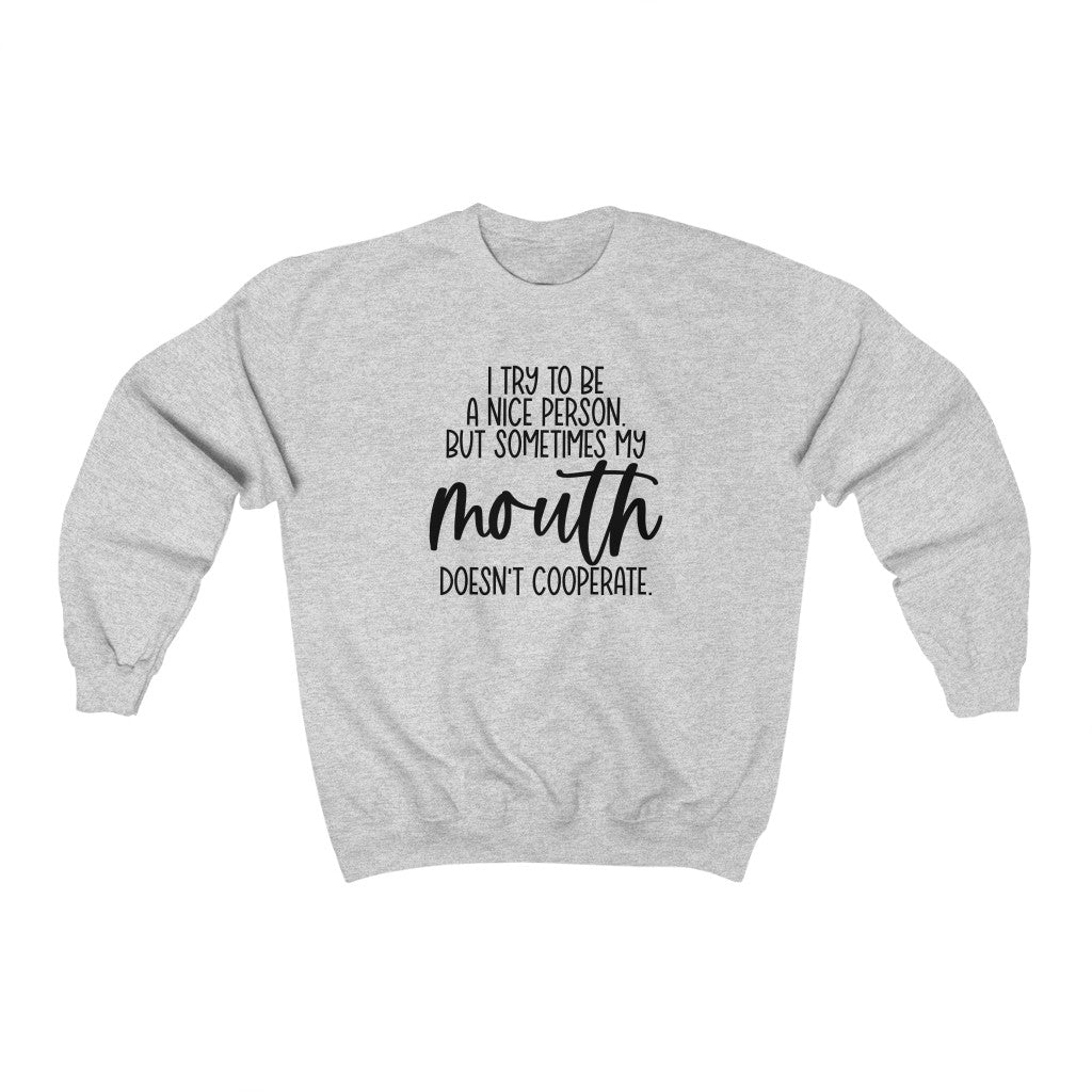 I try to be nice to be a nice person but sometimes my mouth doesn't cooperate sweatshirt in grey